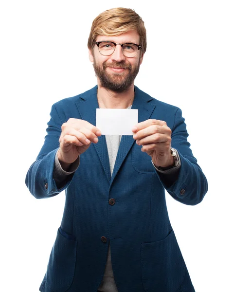 Happy businessman with visit card — Stock Photo, Image