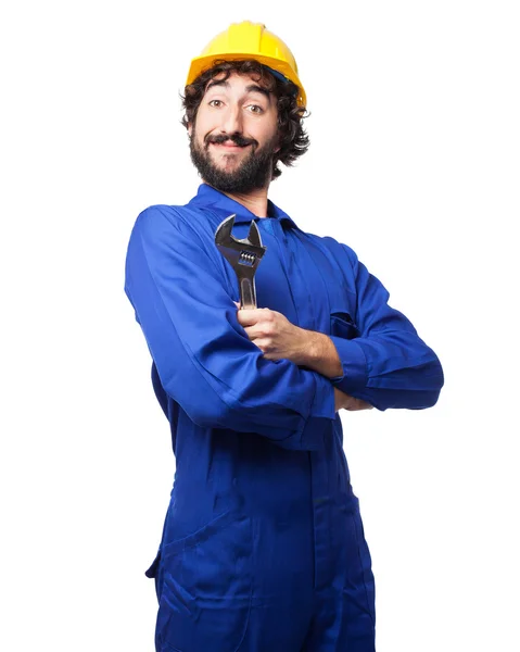 Trabalhador feliz homem com chave inglesa — Fotografia de Stock