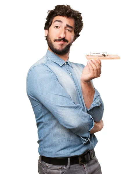 Proud young man with mousetrap — Stock Photo, Image