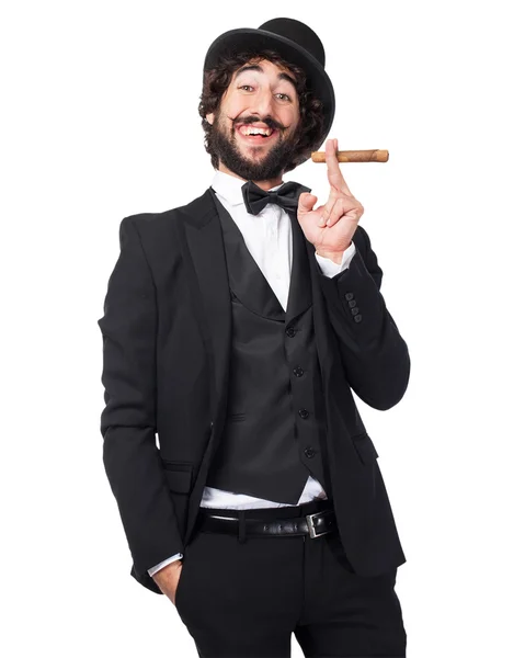 Happy smoking man rich gesture — Stock Photo, Image