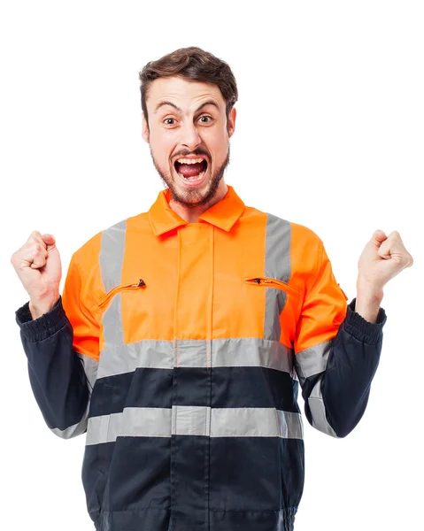Trabalhador feliz homem celebrando sinal — Fotografia de Stock