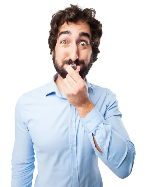 Crazy young man with whistle — Stock Photo, Image