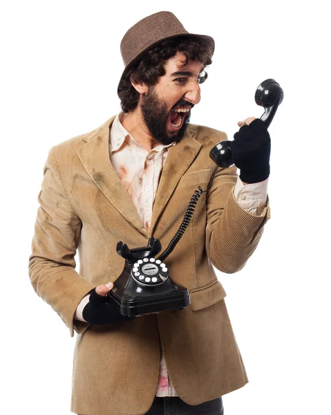 Angry homeless man with telephone — Stock Photo, Image