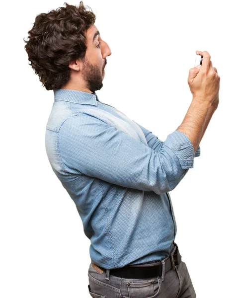 Happy young man selfie pose — Stock Photo, Image