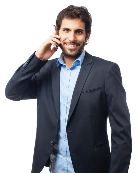 Hombre de negocios feliz con móvil — Foto de Stock