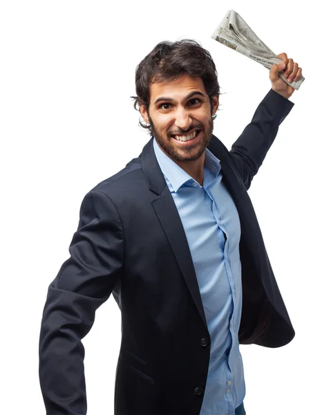 Angry businessman with newspaper — Stock Photo, Image