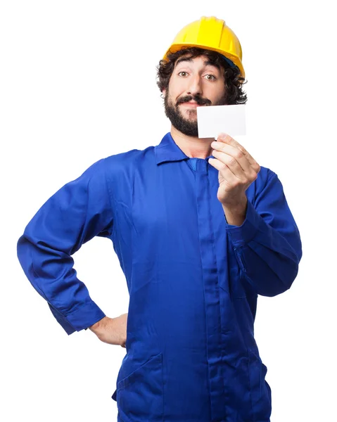 Hombre trabajador feliz con tarjeta de visita —  Fotos de Stock