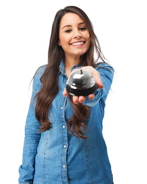 Happy young woman with ring bell — Stock Photo, Image