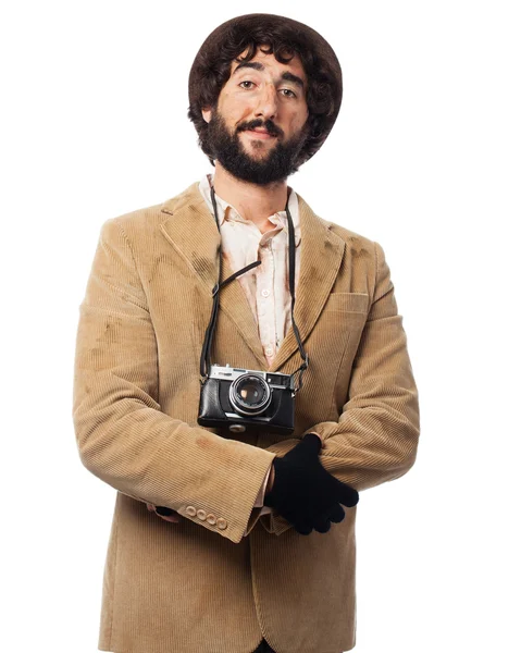 Gek dakloze man met camera — Stockfoto