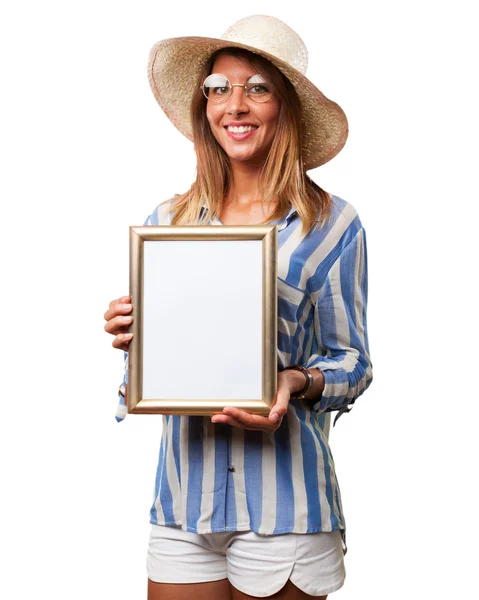 Gelukkig jonge vrouw met retro frame — Stockfoto