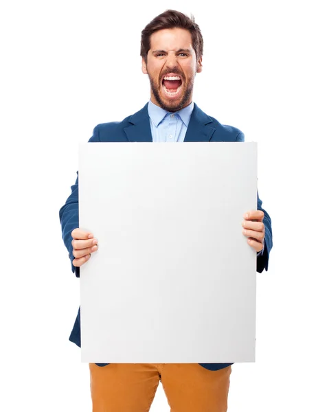 Angry businessman with banner — Stock Photo, Image