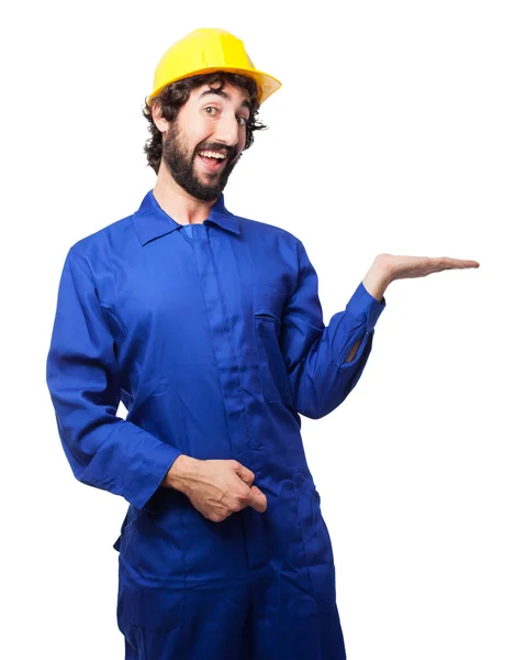 Mężczyzna robotnik szczęśliwy mając Wyświetlono znak — Zdjęcie stockowe