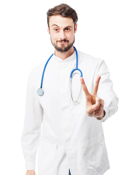 Feliz doctor hombre signo de victoria — Foto de Stock