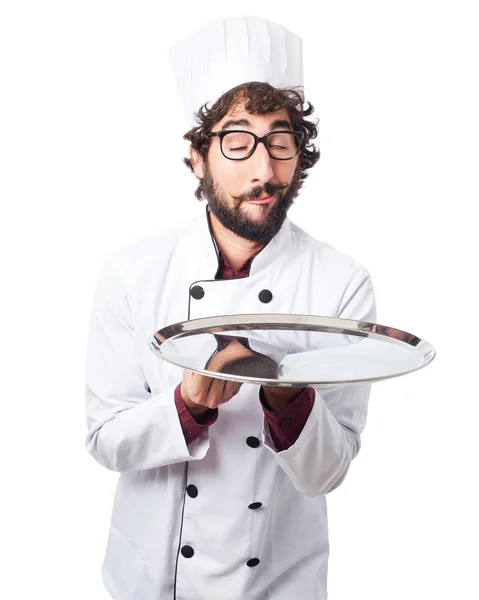 Homem cozinheiro feliz com bandeja de prata — Fotografia de Stock