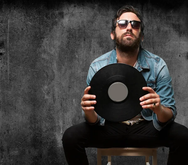 Rock star with vinyl — Stock Photo, Image