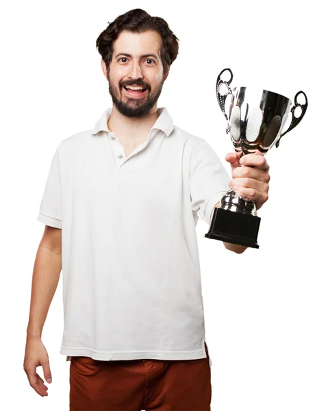 Man with sport cup in celebrating pose — Stock Photo, Image