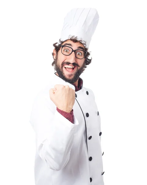 Šťastný cook muž slaví pozice — Stock fotografie