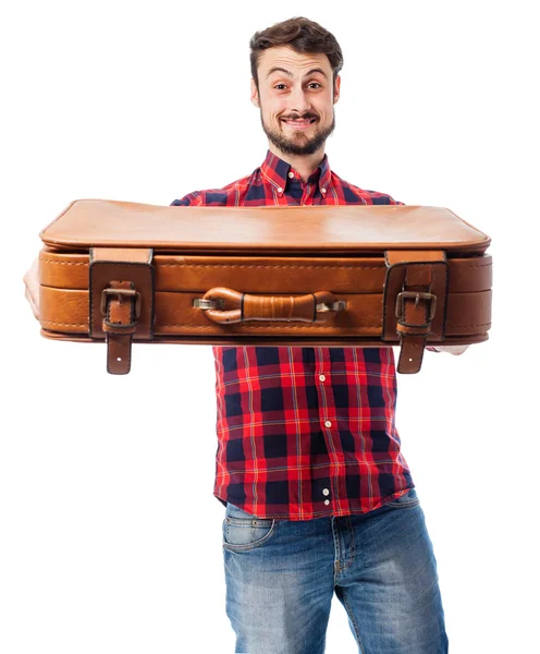 Joven feliz con la maleta — Foto de Stock