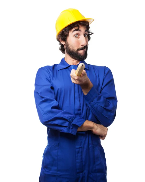 Trabajador feliz hombre con lápiz —  Fotos de Stock