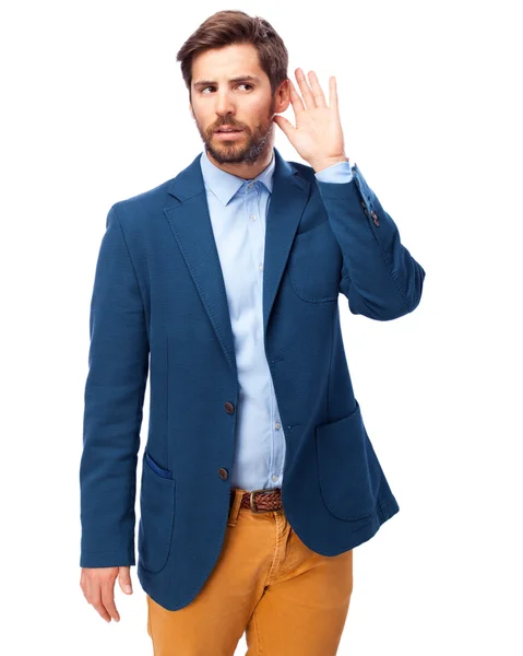 Happy businessman listening sign — Stock Photo, Image