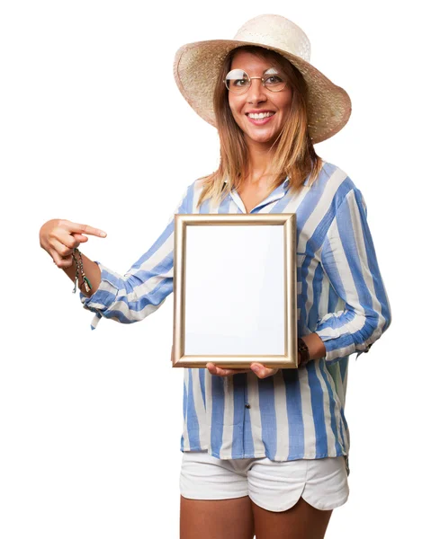 Happy young woman with retro frame — Stock Photo, Image