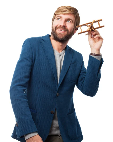 Homem de negócios feliz com avião — Fotografia de Stock