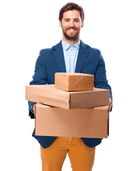 Hombre de negocios feliz con cajas —  Fotos de Stock