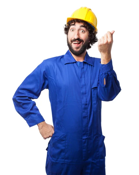 Pracownik zadowolony człowiek rachunki znak — Zdjęcie stockowe