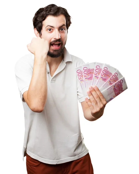 Joven feliz con facturas — Foto de Stock