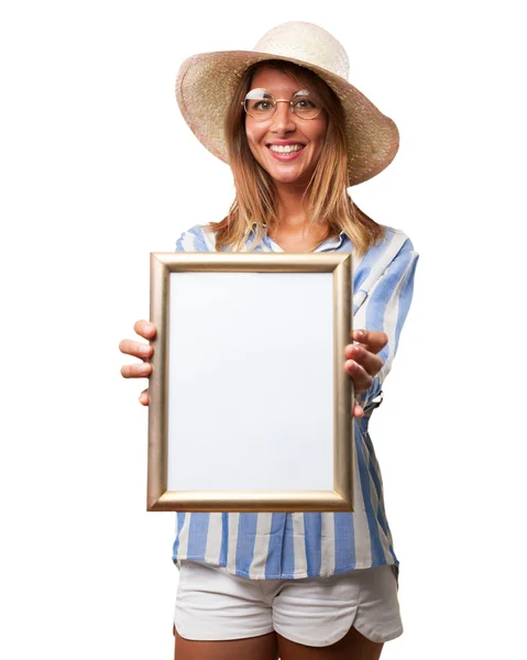 Gelukkig jonge vrouw met retro frame — Stockfoto