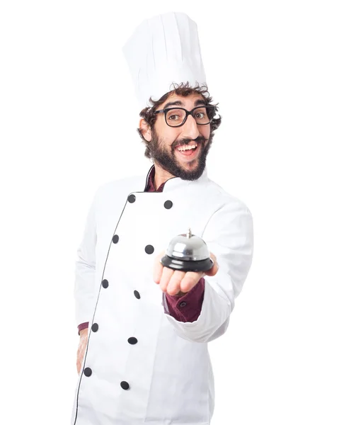 Homem cozinheiro feliz com sino anel — Fotografia de Stock