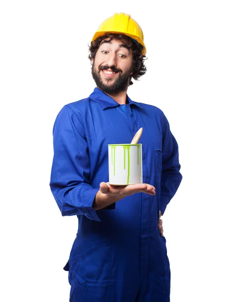 Trabalhador feliz homem com balde de tinta — Fotografia de Stock