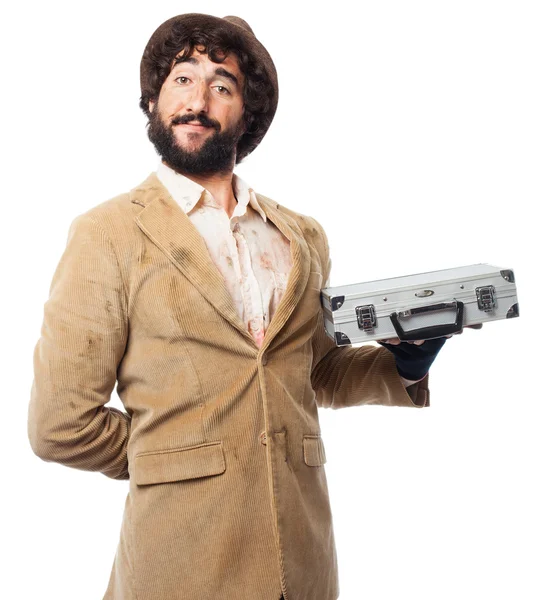 Proud homeless man with briefcase — Stock Photo, Image