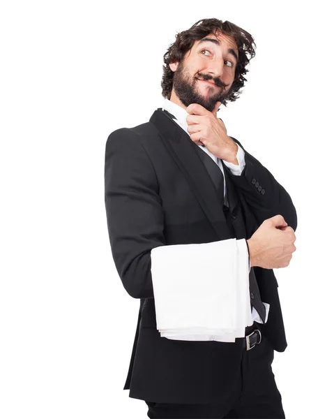 Happy waiter man thinking — Stock Photo, Image