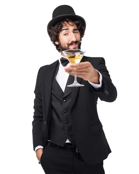 Homem fumante feliz com bebida alcoólica — Fotografia de Stock