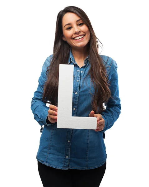 Happy young woman with letter l — Φωτογραφία Αρχείου