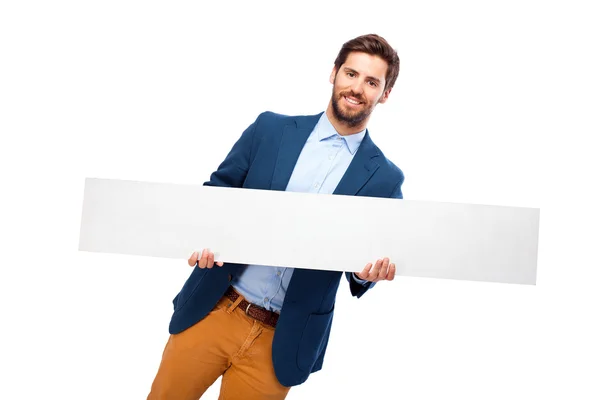 Happy businessman with banner — Stock Photo, Image