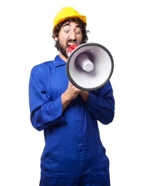 Trabalhador bravo homem com megafone — Fotografia de Stock