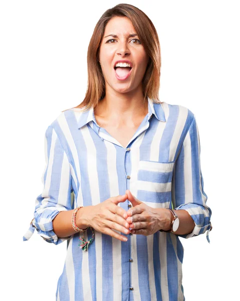 Angry young woman showing tongue — Stock Photo, Image