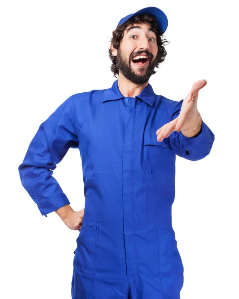 Robotnik szczęśliwy człowiek wstrząsnąć ręce znak — Zdjęcie stockowe