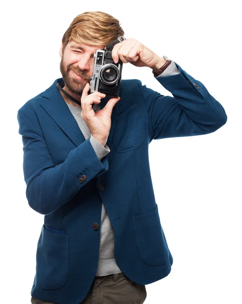 Hrdý podnikatel s fotoaparátem — Stock fotografie