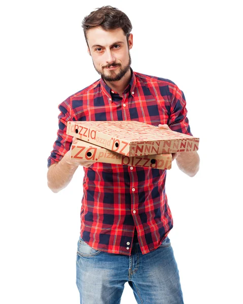 ピザの箱で幸せな若い男 — ストック写真