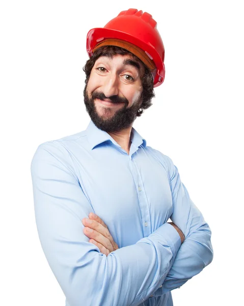 Jovem orgulhoso com capacete trabalhador — Fotografia de Stock