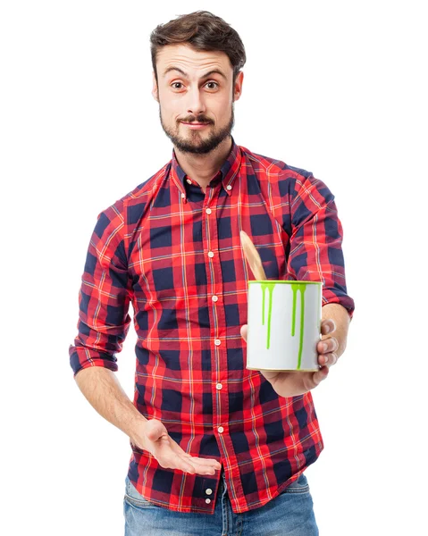 Proud young man with paint bucket — Stock Photo, Image