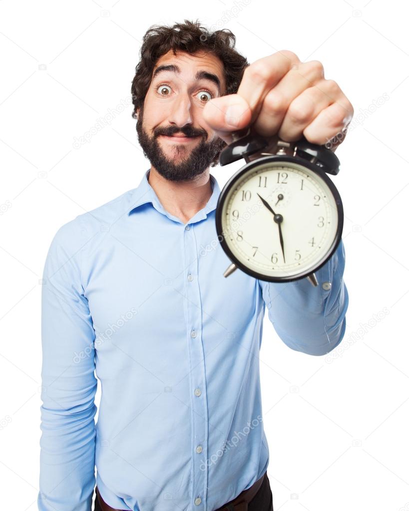 worried young man with clock