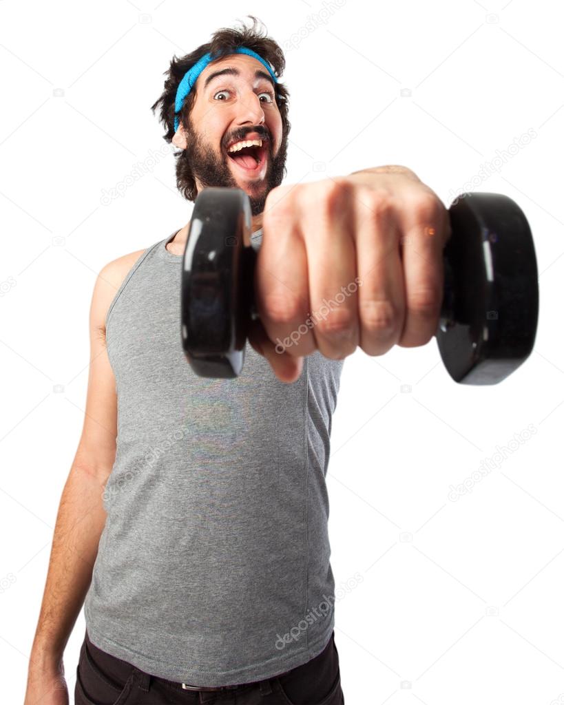 crazy sport man with dumbbell