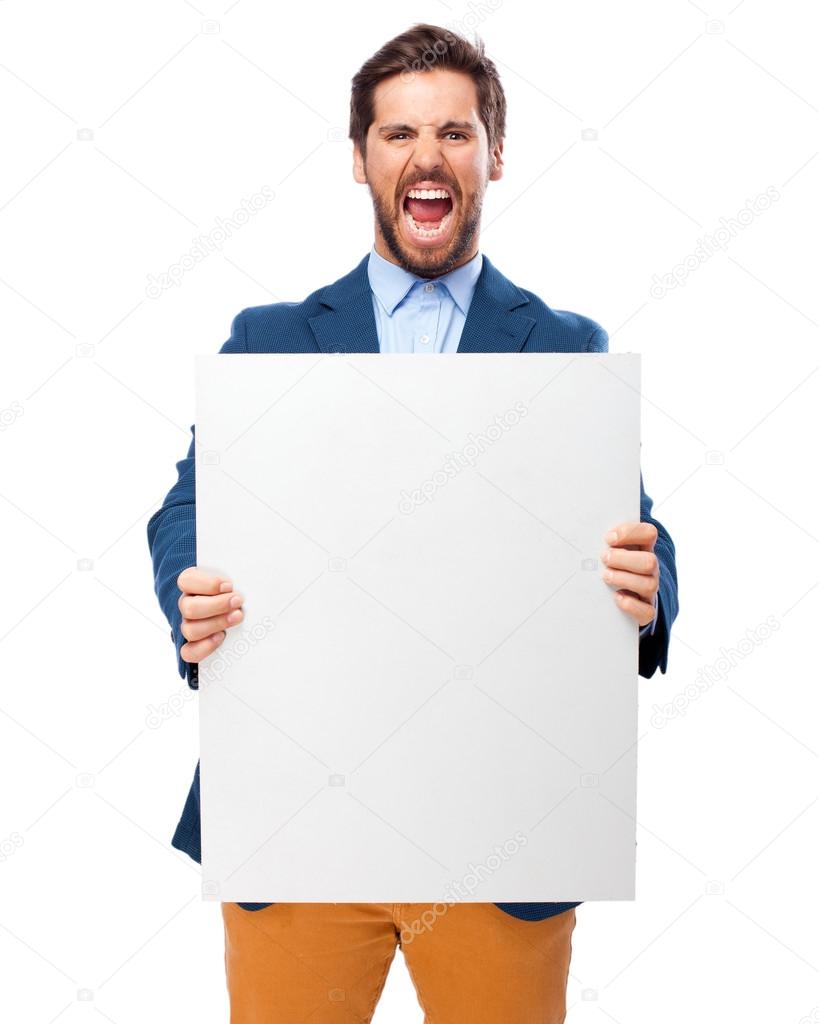 angry businessman with banner