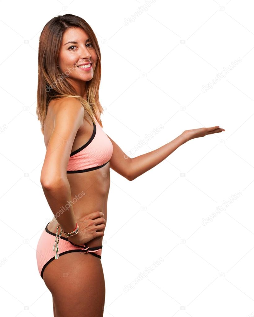 young woman showing gesture with bikini