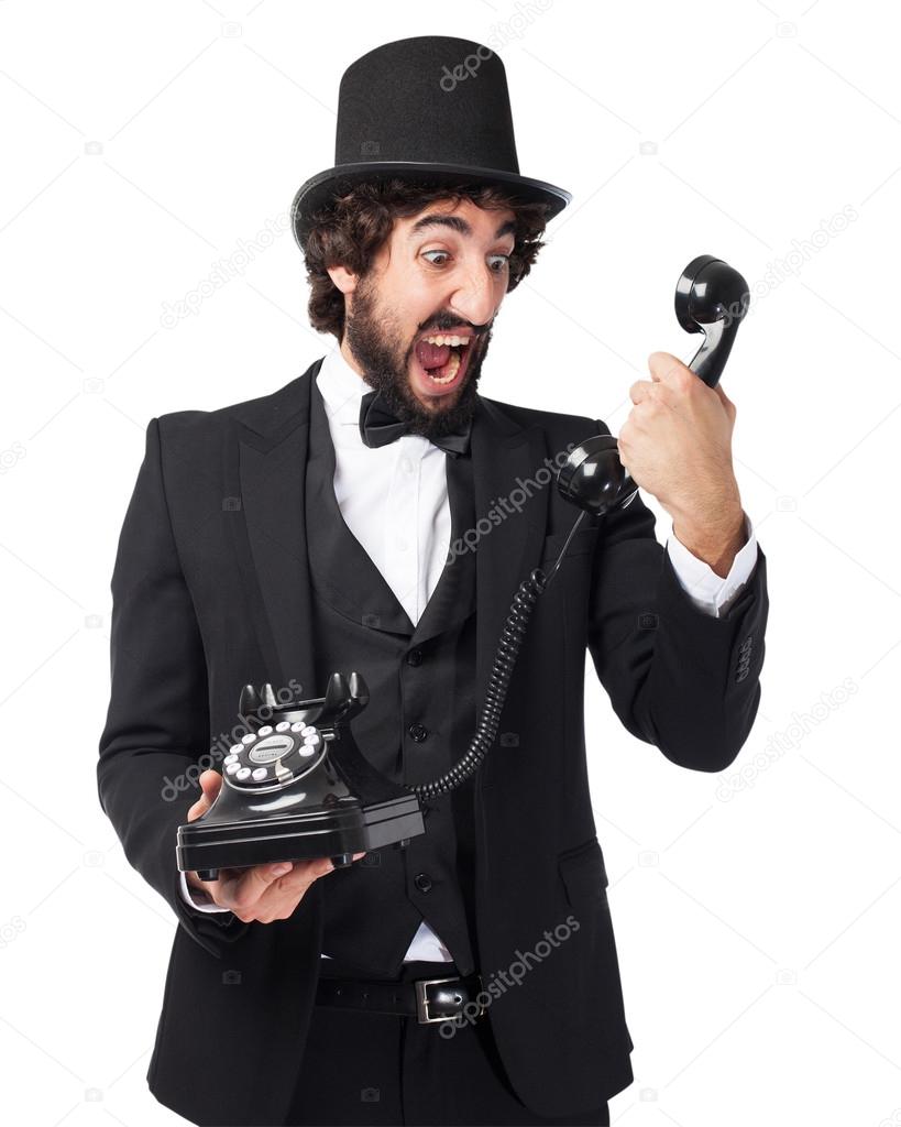 smoking man shouting with telephone