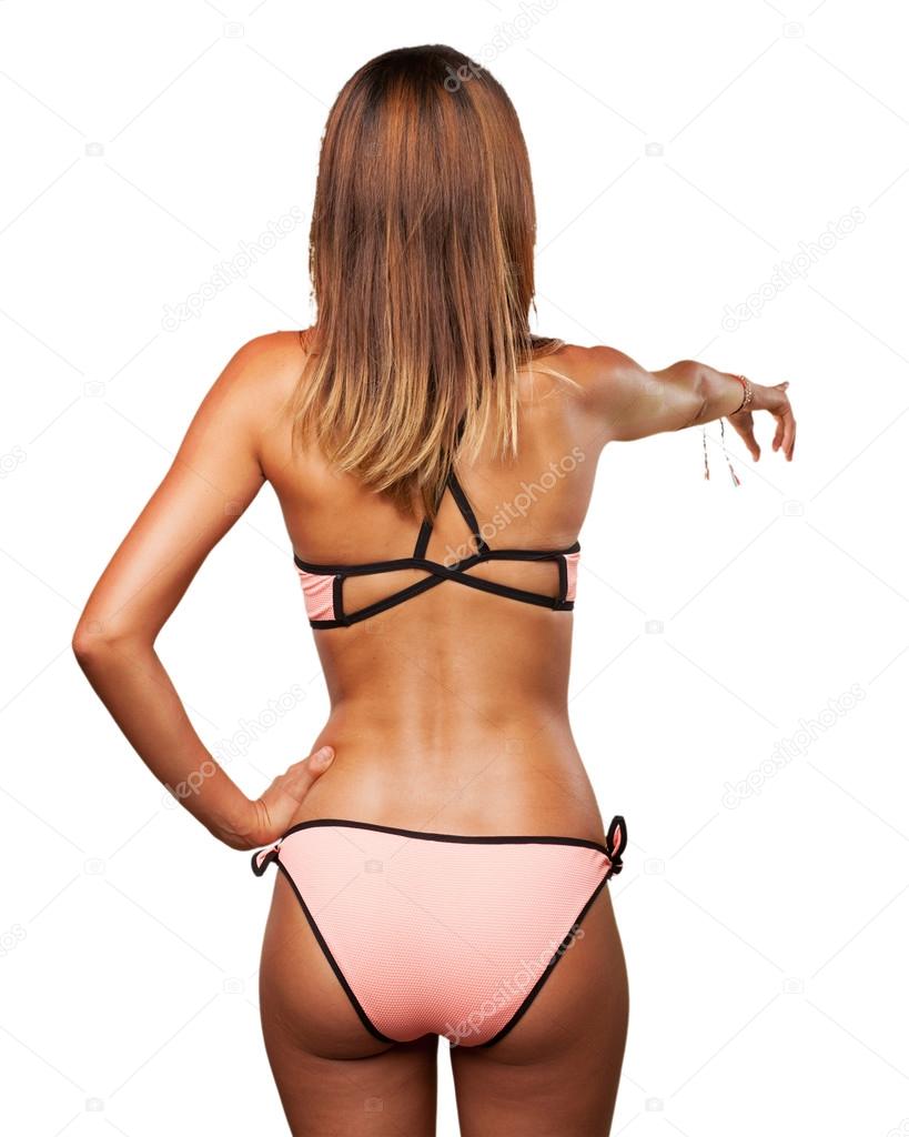 young woman pointing front with bikini